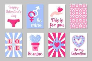 conjunto de cartões de cor rosa, branco e azul para o dia dos namorados ou casamento. design plano de vetor isolado em fundo cinza