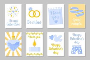 conjunto de cartões coloridos amarelos e azuis para o dia dos namorados ou casamento. design plano de vetor isolado em fundo cinza