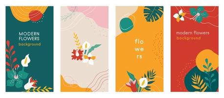 flores abstratas histórias de mídia social fundos orgânicos definidos com combinações de cores modernas, formas, flores e plantas, folhas de monstera, formato vertical.