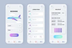 kit de design de aplicativo móvel neomórfico exclusivo para reserva de voos
