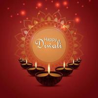 feliz festival de diwali de cartão de convite de luz com lâmpada de óleo diwali diya criativa vetor