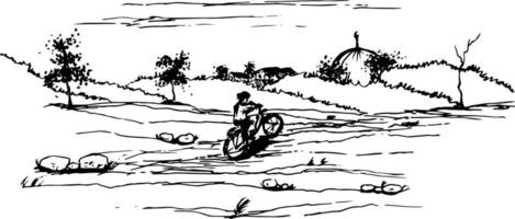 mão desenhado vetor natureza ilustração com uma mulher equitação uma bicicleta em a Principal Visão