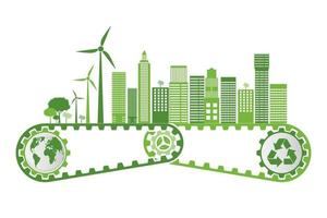 ecologia e conceito ambiental, o símbolo da terra com folhas verdes nas cidades ajuda o mundo com idéias ecológicas vetor