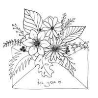 envelope com desenho de linha de flores e folhas. vetor de arte linha da natureza. ilustração botânica. cartão de felicitações.