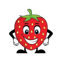 sorridente morango fruta personagem desenho animado com braços em quadris. adequado para poster, bandeira, rede, ícone, mascote, fundo vetor