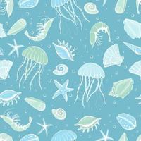 sem costura mão desenhada conchas do mar, estrelas, medusas e coleção de camarão. ilustração marinha de crustáceos do oceano. ideal para têxteis, embrulho, papel de parede. vetor