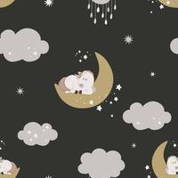 desatado padronizar com fofa unicórnio dentro a céu. mão desenhado Magia chifre dormir em lua em uma Sombrio fundo. plano celestial vetor ilustração.