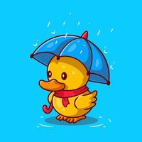 fofa Pato com guarda-chuva dentro a chuva desenho animado vetor ícone ilustração. animal natureza ícone conceito isolado Prêmio vetor. plano desenho animado estilo