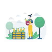 um agricultor cultiva e colhe frutas e vegetais ilustração vetorial, adequado para página de destino, interface do usuário, site, aplicativo móvel, editorial, pôster, folheto, artigo e banner vetor