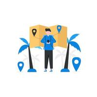 ilustração em vetor de pessoas que procuram destinos de férias, adequado para páginas de destino, interface do usuário, sites, aplicativos para celular, editoriais, pôsteres, folhetos, artigos e banners