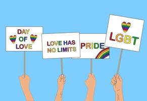 mãos segurando faixas com slogans LGBT para desfile gay, dia do orgulho para a comunidade LGBT, o amor não tem limites, imagem vetorial na mão desenhar estilo, rabiscos vetor