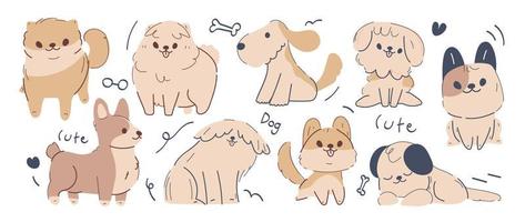 cães fofos doodle conjunto de vetores. coleção de design de personagens de cachorro ou cachorro de desenho animado com cores planas em poses diferentes. conjunto de animais de estimação engraçados isolados no fundo branco. vetor