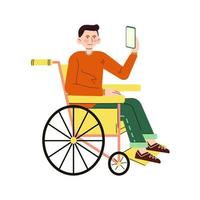 jovem homem sentado dentro cadeira de rodas com telefone dentro a mão. cara vivo com incapacidade. plano ilustração dentro desenho animado estilo. vetor isolado em branco fundo.