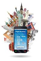 reserva de voos online em smartphone com pontos de referência vetor