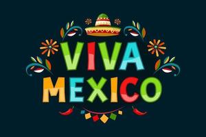 viva México. cartaz com textura grunge. pimentas e sombrero. estilo de desenho animado. bandeira do vetor. vetor