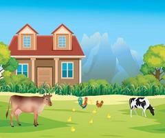 paisagem de fazenda em estilo simples, com gado, campos, prados. vetor eps 10