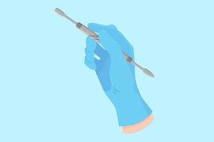 vector cartoon mão de um dentista em uma luva azul que segura uma espátula de instrumento dentário para mexer o material de enchimento.