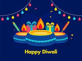 feliz diwali celebração poster Projeto com aceso óleo lâmpadas, fogo de artifício foguetes, presente caixas e bugiganga festão decorado em azul fundo. vetor