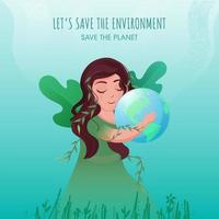 Salve  a meio Ambiente planeta conceito com jovem menina segurando terra globo e verde folhas em turquesa fundo. vetor