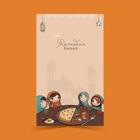 Ramadã kareem vertical bandeira Projeto com alegre muçulmano fêmea crianças desfrutando delicioso refeições às jantar mesa. vetor