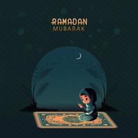 Ramadã Mubarak cumprimento cartão com muçulmano menina personagem oferta oração em esteira. vetor