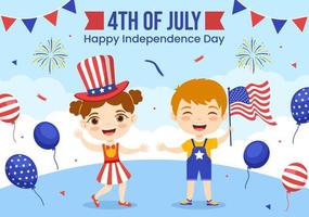 4º do Julho independência dia EUA vetor ilustração com crianças e americano bandeira fundo dentro plano desenho animado mão desenhado aterrissagem página modelos