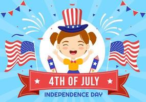 4º do Julho independência dia EUA vetor ilustração com crianças e americano bandeira fundo dentro plano desenho animado mão desenhado aterrissagem página modelos