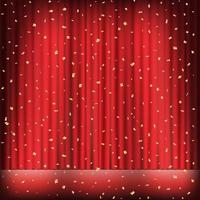 palco de cortina vermelha com luz e confetes dourados vetor