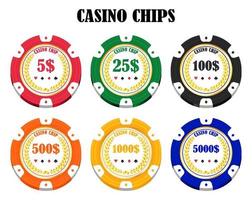 conjunto de fichas de casino verdadeiramente coloridas vetor