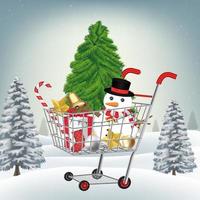 carrinho de compras decorativo de natal na colina de inverno vetor