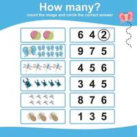 conte e circule a resposta para as crianças. planilha matemática imprimível para pré-escola. planilha educacional imprimível. ilustração vetorial. vetor