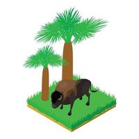 búfalo ícone isométrico vetor. enorme Castanho búfalo animal em pé dentro verde Relva vetor