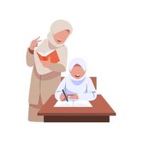 uma muçulmano menina é sentado às uma escrivaninha e a menina é vestindo uma hijab. vetor