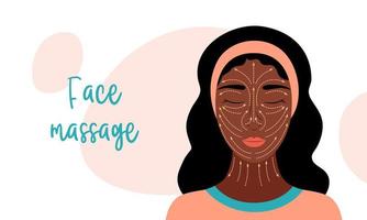 face massagem ilustração. vetor bandeira com regras do antienvelhecimento facial massagem. beleza e juventude. infográfico com lindo africano americano mulher e pontilhado Setas; flechas