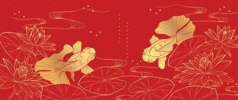 luxo oriental flor fundo vetor. elegante vermelho lótus flores dourado linha arte com mar onda linha padronizar e peixinho. chinês e japonês Projeto para papel de parede, poster, bandeira, cartão. vetor