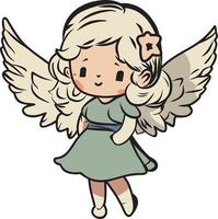 vetor pequeno fofa anjo menina dentro desenho animado estilo com verde vestir asas