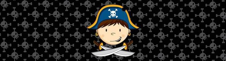 desenho animado fanfarrão pirata capitão com cruzado espadas bandeira vetor