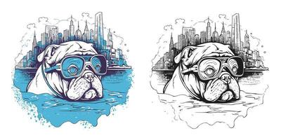 uma buldogue com óculos snorkeling dentro a oceano cercada.ilustração do camiseta Projeto vetor