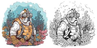 uma buldogue com óculos snorkeling dentro a oceano cercada.ilustração do camiseta Projeto vetor