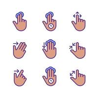 múltiplo dedos gestos pixel perfeito rgb cor ícones definir. tela sensível ao toque ao controle. tábua e telefone navegação. isolado vetor ilustrações. simples preenchidas linha desenhos coleção. editável acidente vascular encefálico