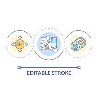 equipe trabalhos sobre aplicativo desenvolvimento ciclo conceito ícone. debate dentro isto empresa. pesquisando produtos abstrato idéia fino linha ilustração. isolado esboço desenho. editável acidente vascular encefálico vetor