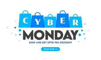 cyber Segunda-feira venda poster Projeto com desconto oferta e azul compras bolsas em branco fundo. vetor