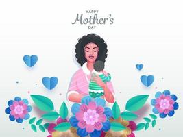 lindo feliz mãe dia vetor ilustração com uma jovem mãe abraçado dela infantil em colorida flores decorado fundo.