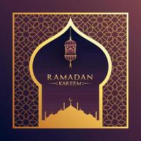 islâmico piedosos mês do Ramadã com dourado mesquita, e suspensão lanterna em árabe padronizar fundo. vetor