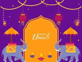 roxa e amarelo fundo decorado com iluminado velas, lanternas pendurar, queimando diya e dois elefante ilustração para diwali celebração. vetor