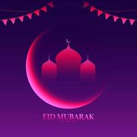 islâmico festival eid Mubarak conceito com brilhando crescente lua e mesquita, estamenha bandeiras em roxa fundo. vetor