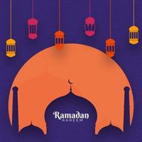 islâmico piedosos mês do Ramadã kareem conceito com suspensão colorida lanternas, e mesquita em roxa fundo. vetor
