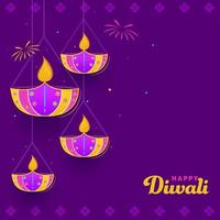 feliz diwali celebração poster Projeto com suspensão aceso óleo lâmpadas e fogos de artifício em roxa fundo. vetor