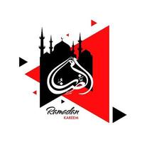 árabe islâmico caligrafia texto Ramadã kareem com mesquita silhueta em vermelho abstrato fundo. vetor