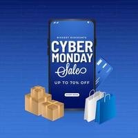 cyber Segunda-feira venda poster Projeto com Smartphone, Forma de pagamento cartão, realista compras bolsas e presente caixas. vetor